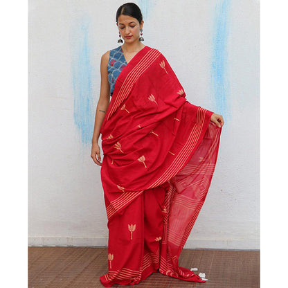 Chidiyaa Crimson Cotton Saree Fmtm with Unstitched Blouse