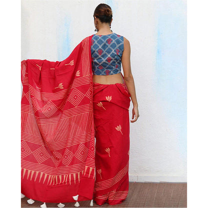 Chidiyaa Crimson Cotton Saree Fmtm with Unstitched Blouse