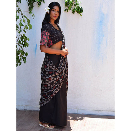 Chidiyaa Vanilla Moon Mystic Opal Handblock Printed Mulmul Cotton Saree with Unstitched Blouse