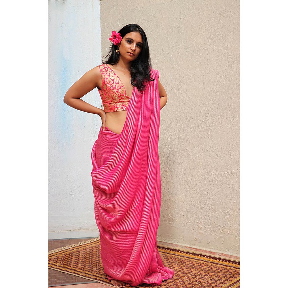 Chidiyaa Thread of Gold Opal Handwoven Linen Zari Saree with Unstitched Blouse
