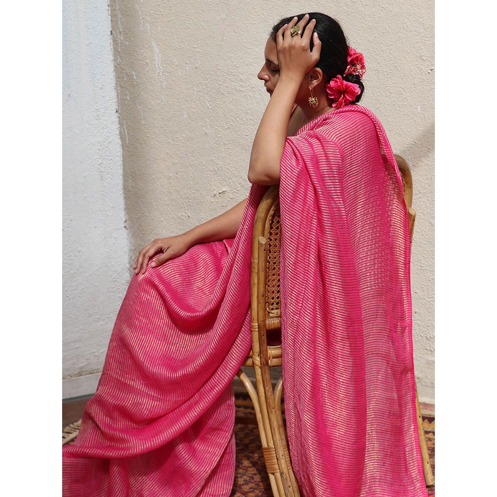 Chidiyaa Thread of Gold Opal Handwoven Linen Zari Saree with Unstitched Blouse