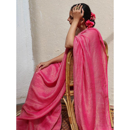Chidiyaa Thread of Gold Opal Handwoven Linen Zari Saree with Unstitched Blouse