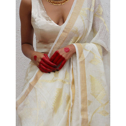 Chidiyaa Juhi Mogra Albina Jamdani Handwoven Linen Saree with Unstitched Blouse