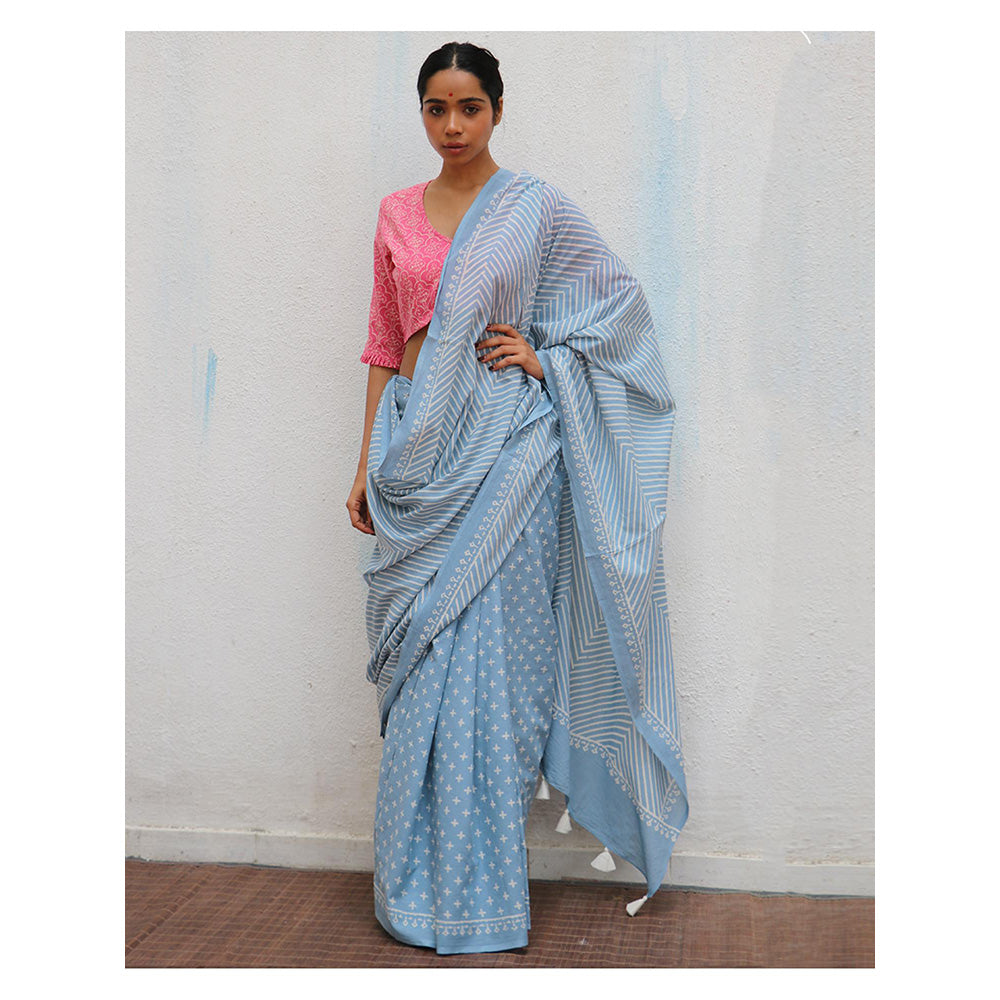 Chidiyaa Paakhi Amortentia Sky Blue Hand Block Printed Cotton Saree with Unstitched Blouse