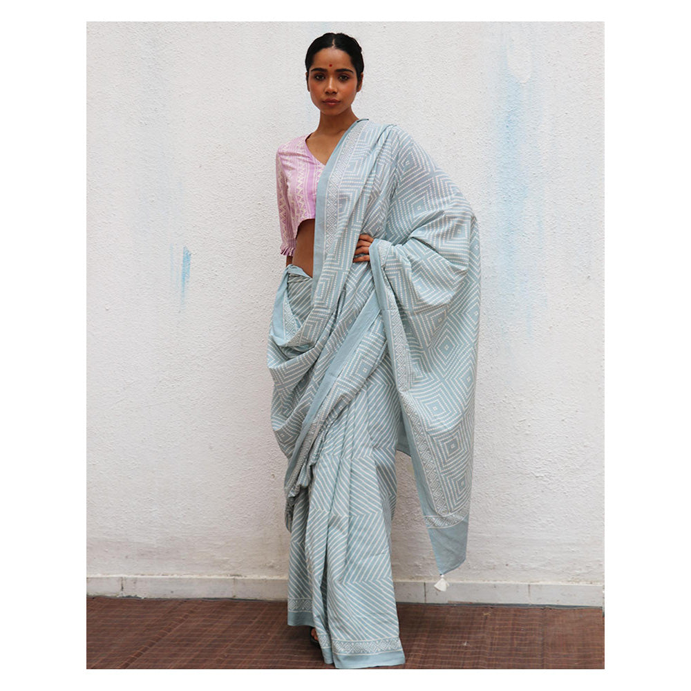 Chidiyaa Paakhi Crystal Cascade Blue Hand Block Printed Cotton Saree with Unstitched Blouse