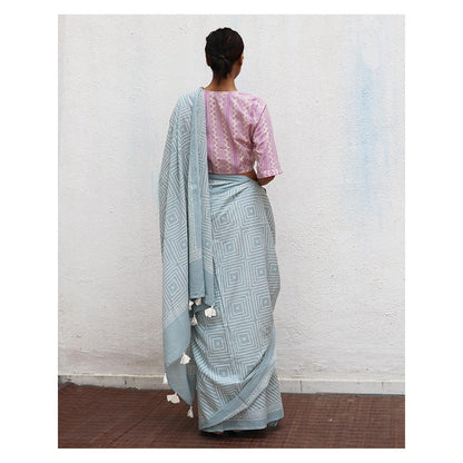 Chidiyaa Paakhi Crystal Cascade Blue Hand Block Printed Cotton Saree with Unstitched Blouse