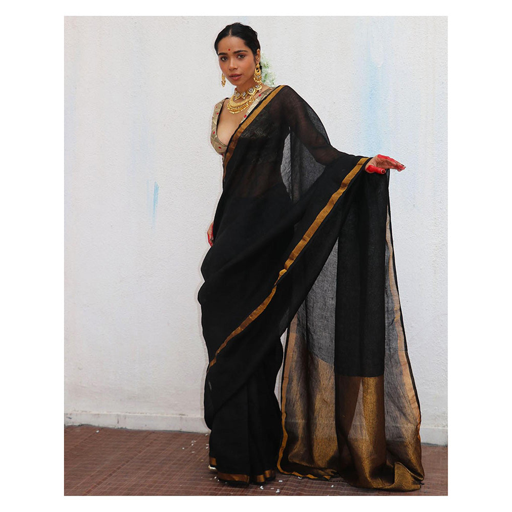 Chidiyaa Chandni Raatein Labanya Handwoven Linen Zari Saree with Unstitched Blouse