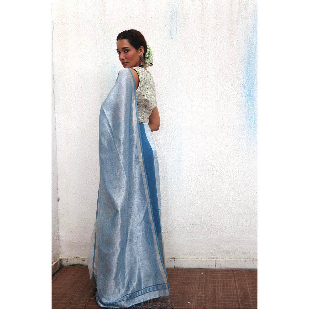 Chidiyaa Jheel Mazha Handwoven Linen Zari Saree without Blouse