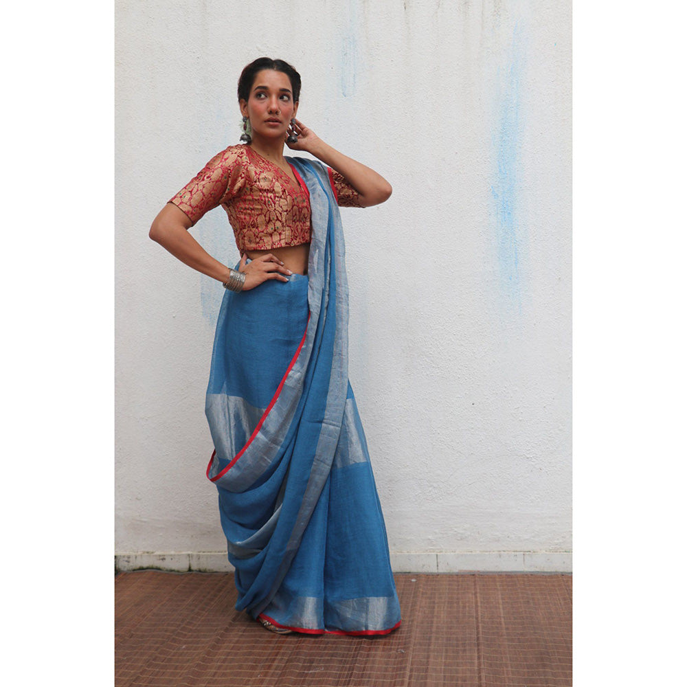 Chidiyaa Jheel Varsha Handwoven Linen Zari Saree without Blouse