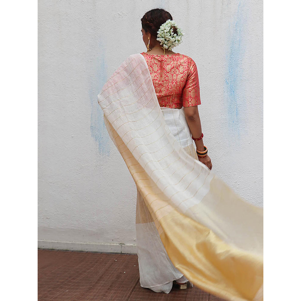 Chidiyaa Onam Udaya Handwoven Linen Zari Saree with Unstitched Blouse