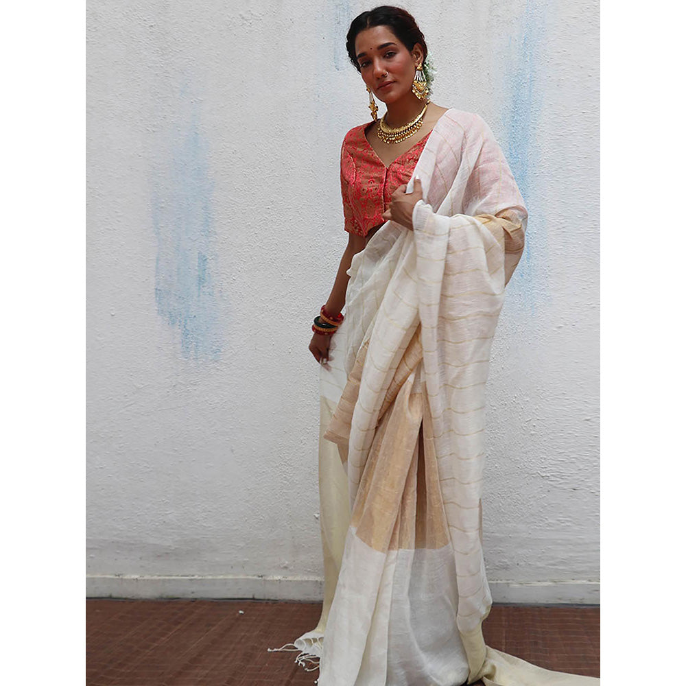 Chidiyaa Onam Udaya Handwoven Linen Zari Saree with Unstitched Blouse
