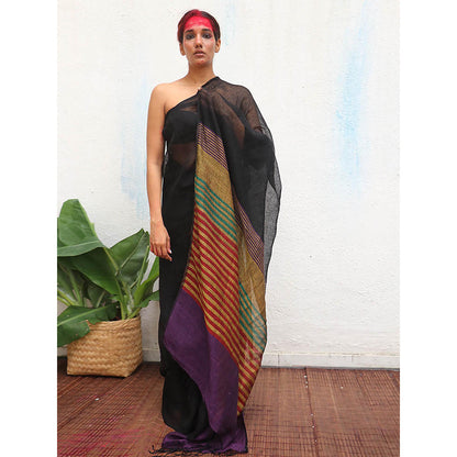 Chidiyaa Kaali Devakanya Handwoven Linen Saree with Unstitched Blouse