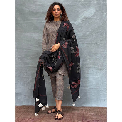 Chidiyaa Black Soil Drifting Through Dawn Printed Cotton Dupatta