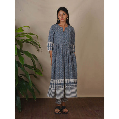 Chidiyaa Bms Hollow Dusk Grey Block Printed Anarkali Kurta with Pant