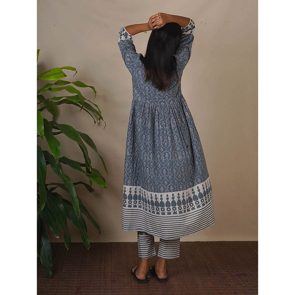 Chidiyaa Bms Hollow Dusk Grey Block Printed Anarkali Kurta with Pant