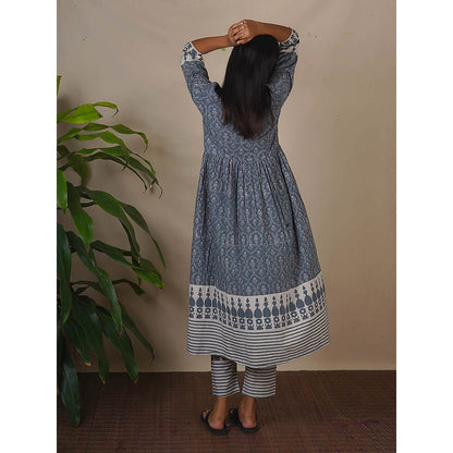Chidiyaa Bms Hollow Dusk Grey Block Printed Anarkali Kurta with Pant