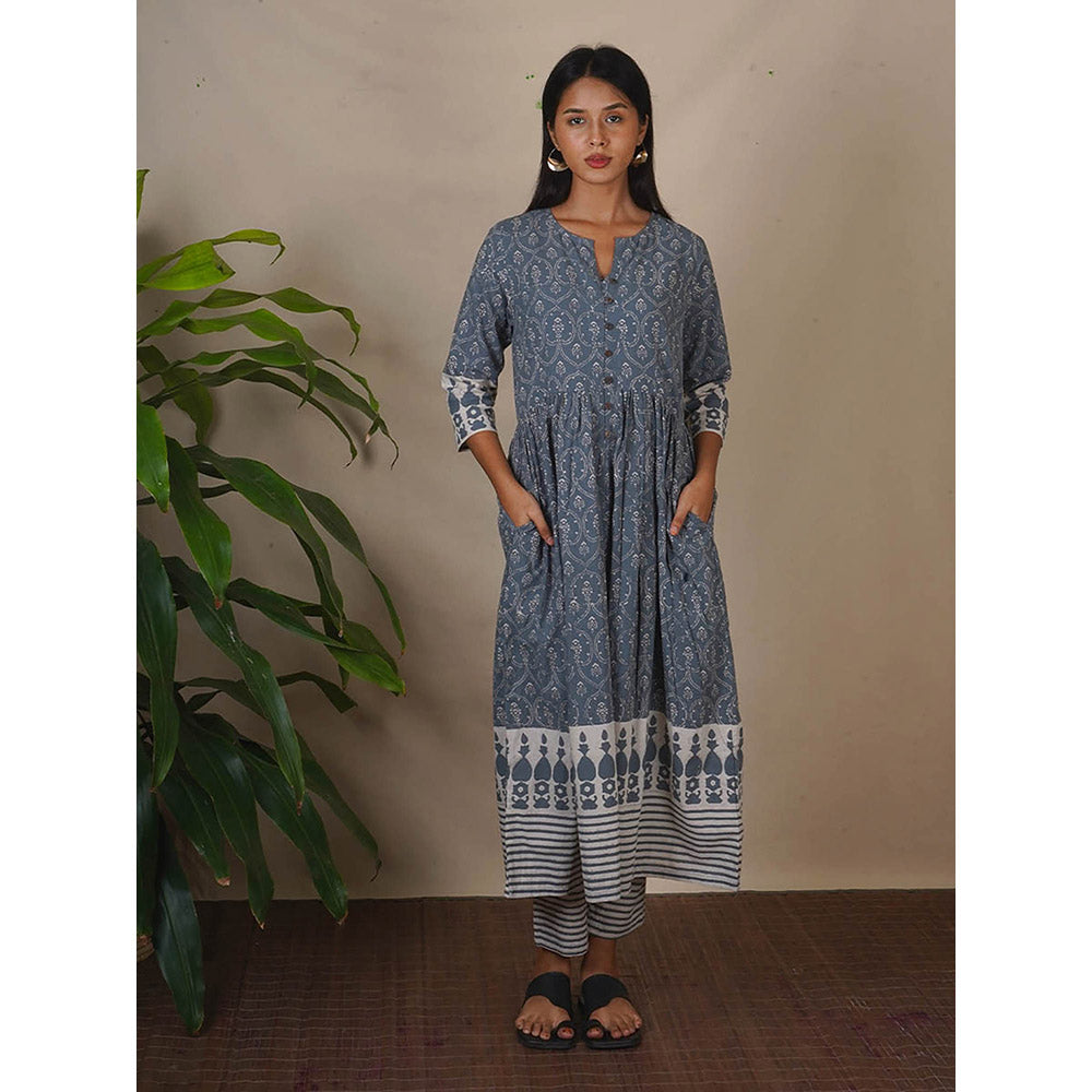 Chidiyaa Bms Hollow Dusk Grey Block Printed Anarkali Kurta with Pant