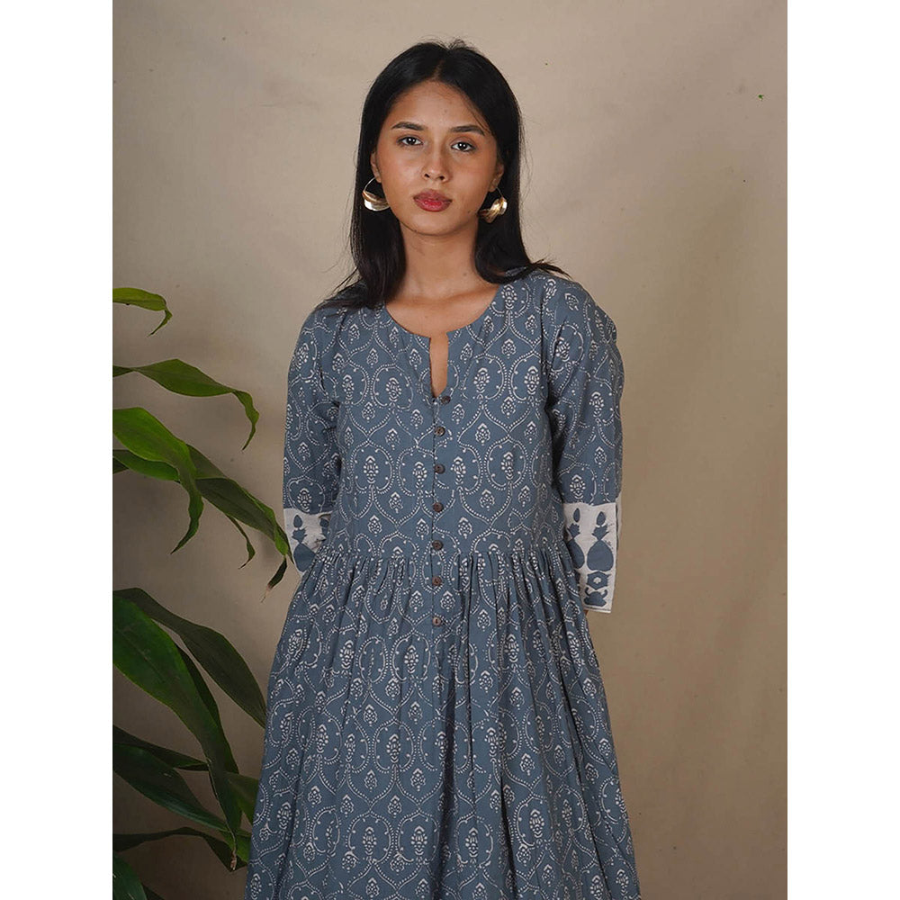 Chidiyaa Bms Hollow Dusk Grey Block Printed Anarkali Kurta with Pant