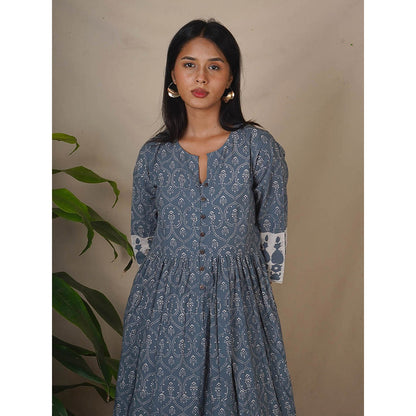Chidiyaa Bms Hollow Dusk Grey Block Printed Anarkali Kurta with Pant