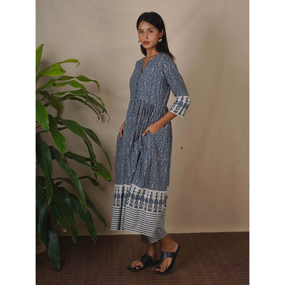 Chidiyaa Bms Hollow Dusk Grey Block Printed Anarkali Kurta with Pant