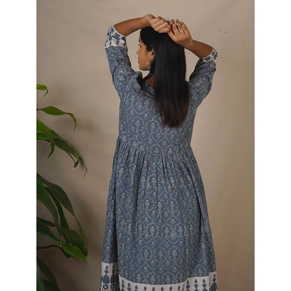 Chidiyaa Bms Hollow Dusk Grey Block Printed Anarkali Kurta with Pant