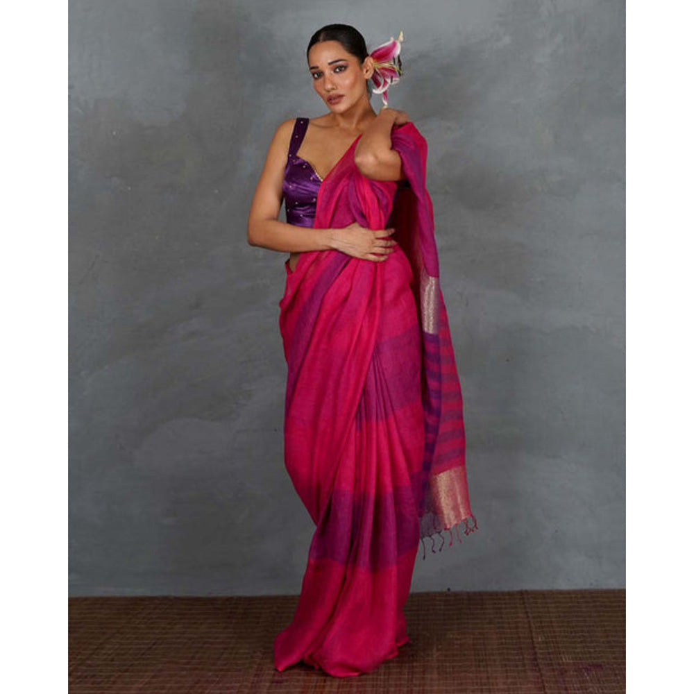 Chidiyaa Samira Magenta Handwoven Linen Saree with Unstitched Blouse - Tara