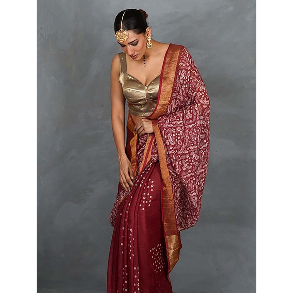 Chidiyaa Urvi Maroon Handblock Linen Saree with Unstitched Blouse