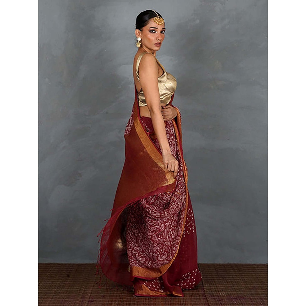 Chidiyaa Urvi Maroon Handblock Linen Saree with Unstitched Blouse