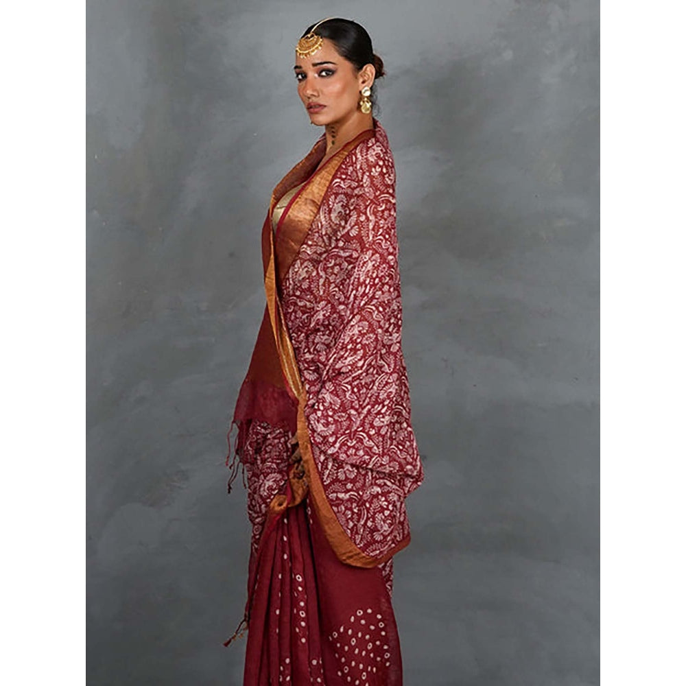 Chidiyaa Urvi Maroon Handblock Linen Saree with Unstitched Blouse