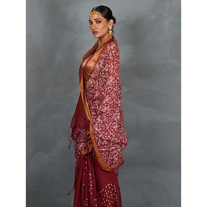 Chidiyaa Urvi Maroon Handblock Linen Saree with Unstitched Blouse