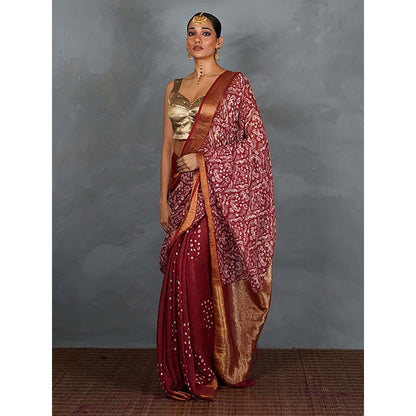 Chidiyaa Urvi Maroon Handblock Linen Saree with Unstitched Blouse