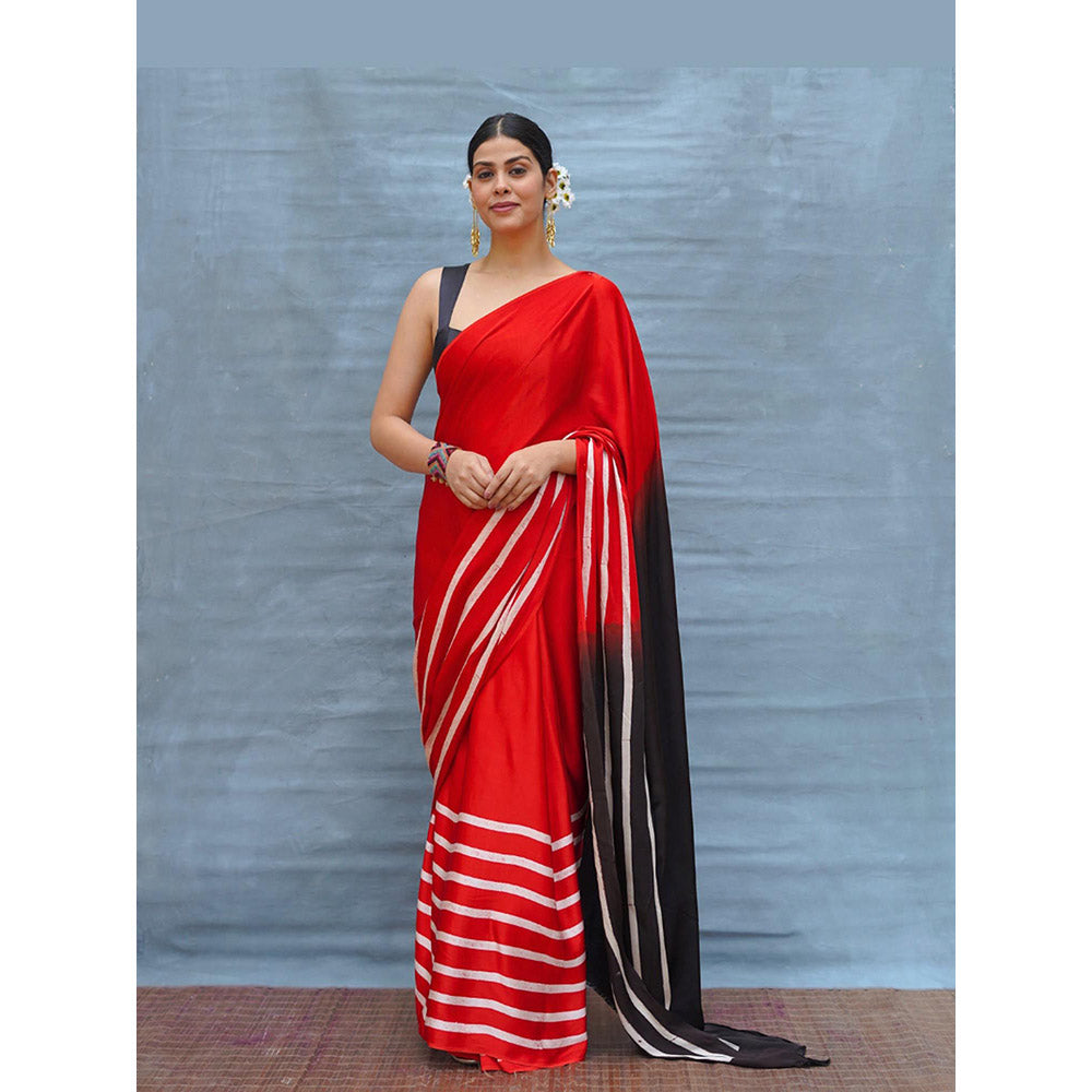 Chidiyaa Soft Drift Red Handblock Print Modal Silk Saree with Unstitched Blouse