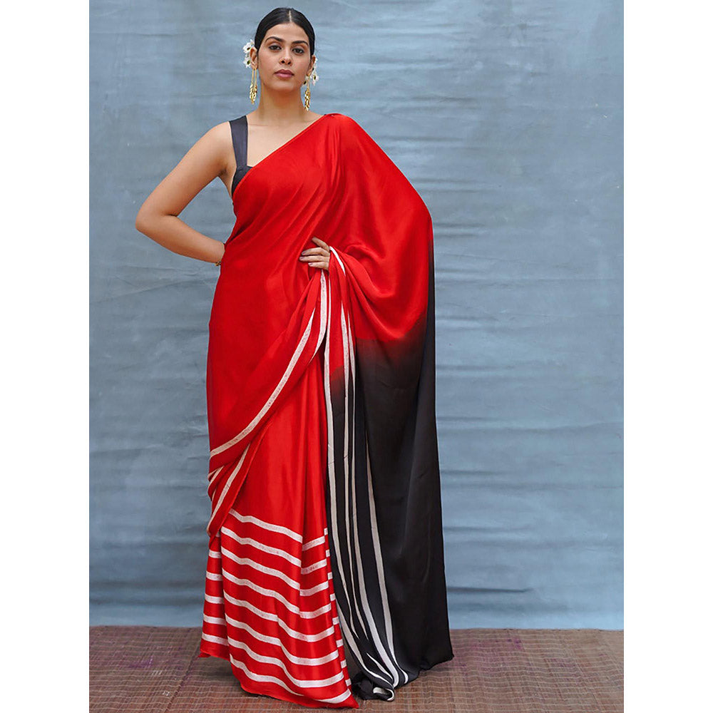 Chidiyaa Soft Drift Red Handblock Print Modal Silk Saree with Unstitched Blouse