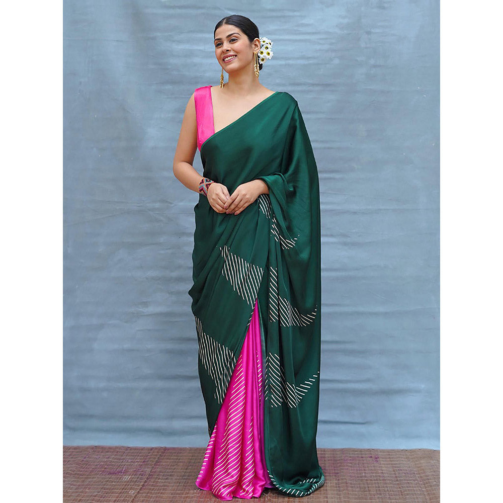 Chidiyaa Easy Flow Green Handblock Print Modal Silk Saree with Unstitched Blouse