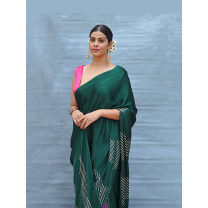 Chidiyaa Easy Flow Green Handblock Print Modal Silk Saree with Unstitched Blouse