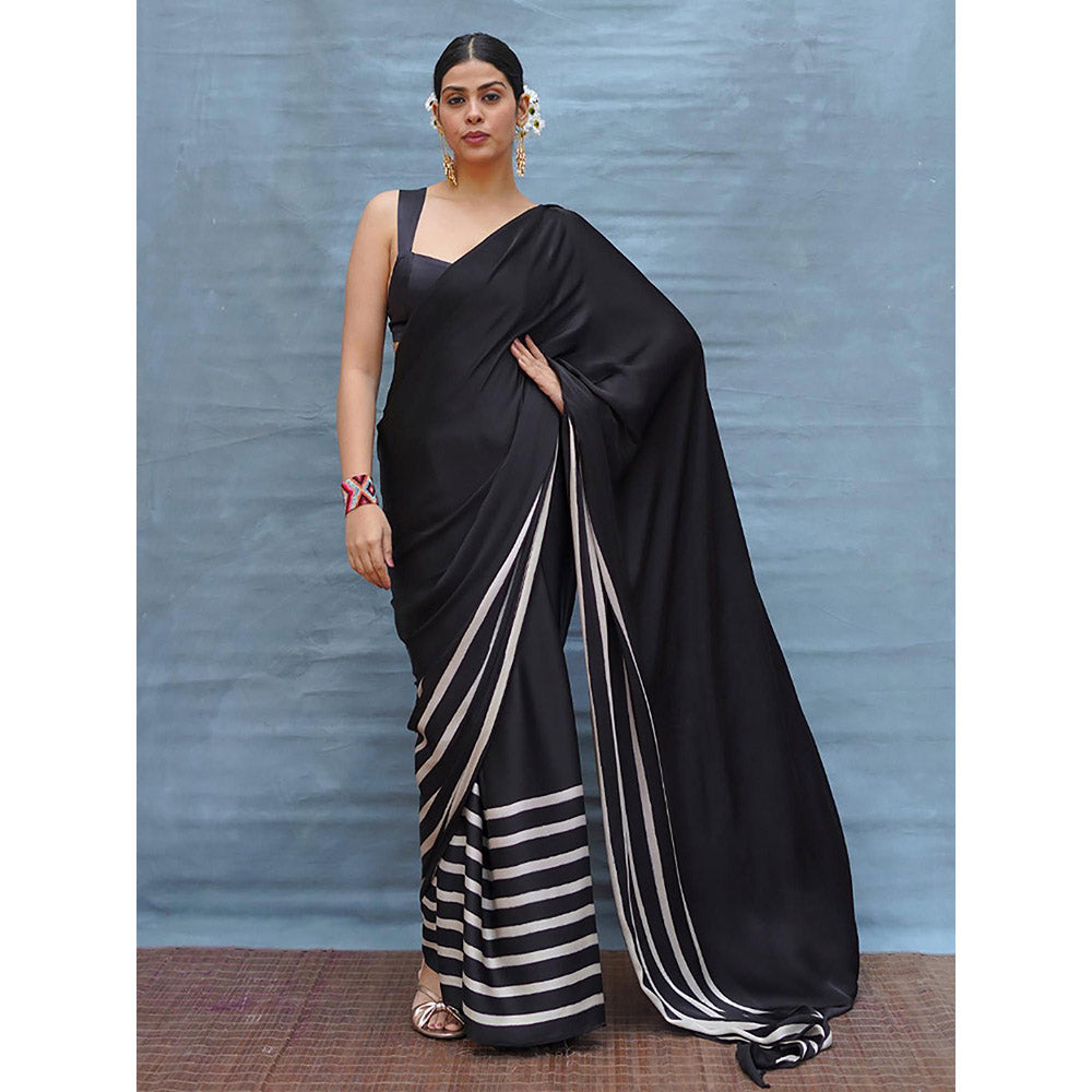 Chidiyaa Airy Fold Black Handblock Print Modal Silk Saree with Unstitched Blouse