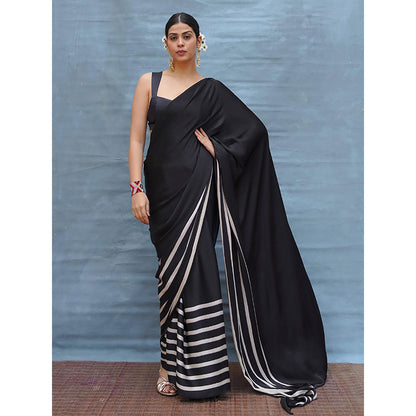 Chidiyaa Airy Fold Black Handblock Print Modal Silk Saree with Unstitched Blouse