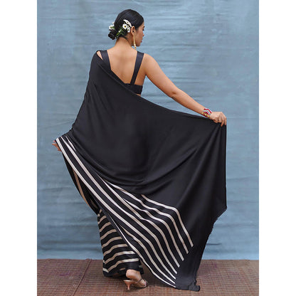 Chidiyaa Airy Fold Black Handblock Print Modal Silk Saree with Unstitched Blouse