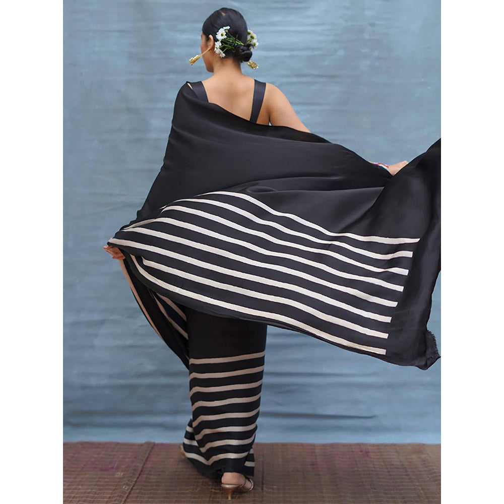 Chidiyaa Airy Fold Black Handblock Print Modal Silk Saree with Unstitched Blouse