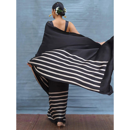 Chidiyaa Airy Fold Black Handblock Print Modal Silk Saree with Unstitched Blouse