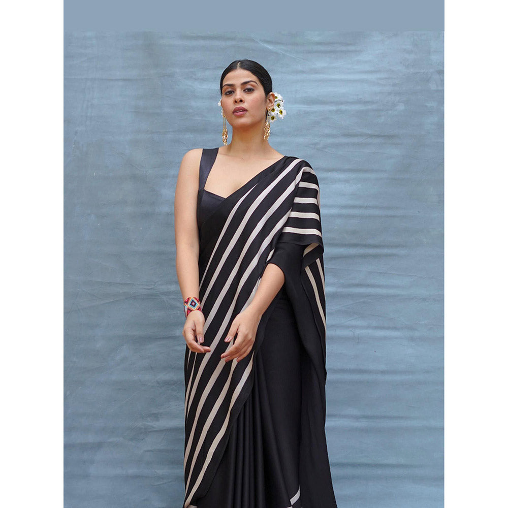 Chidiyaa Airy Fold Black Handblock Print Modal Silk Saree with Unstitched Blouse