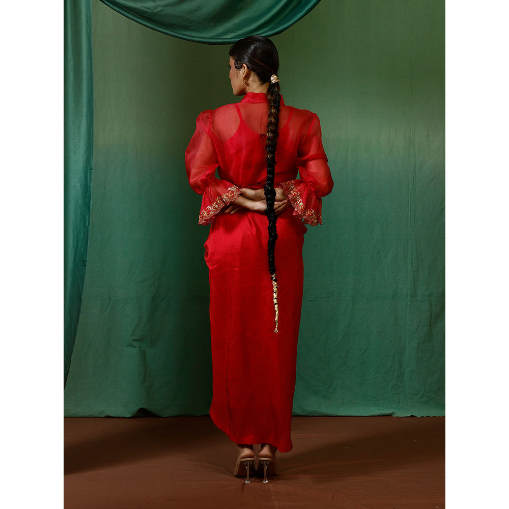 Chokhi Chorri Red Shirt With Slip And Skirt And Belt (Set of 4)