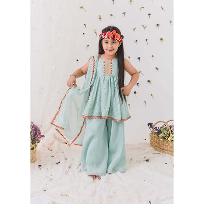 Chotibuti Embroidered Green Anarkali Kurti with Sharara and Dupatta
