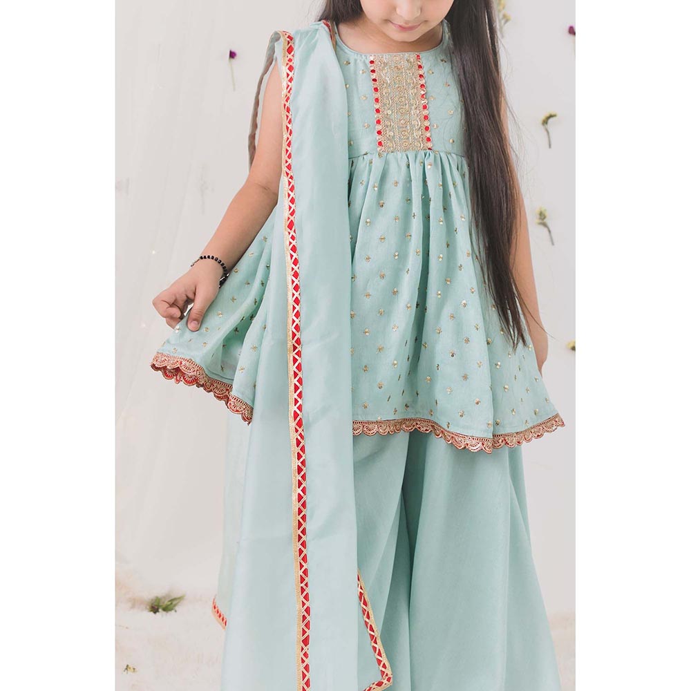 Chotibuti Embroidered Green Anarkali Kurti with Sharara and Dupatta