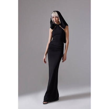 CILVR Black Hooded Long Dress With Open Back