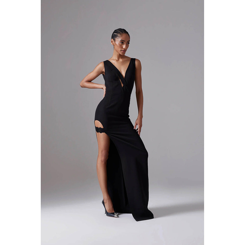CILVR Black Noir Long Dress With Metal Buckle