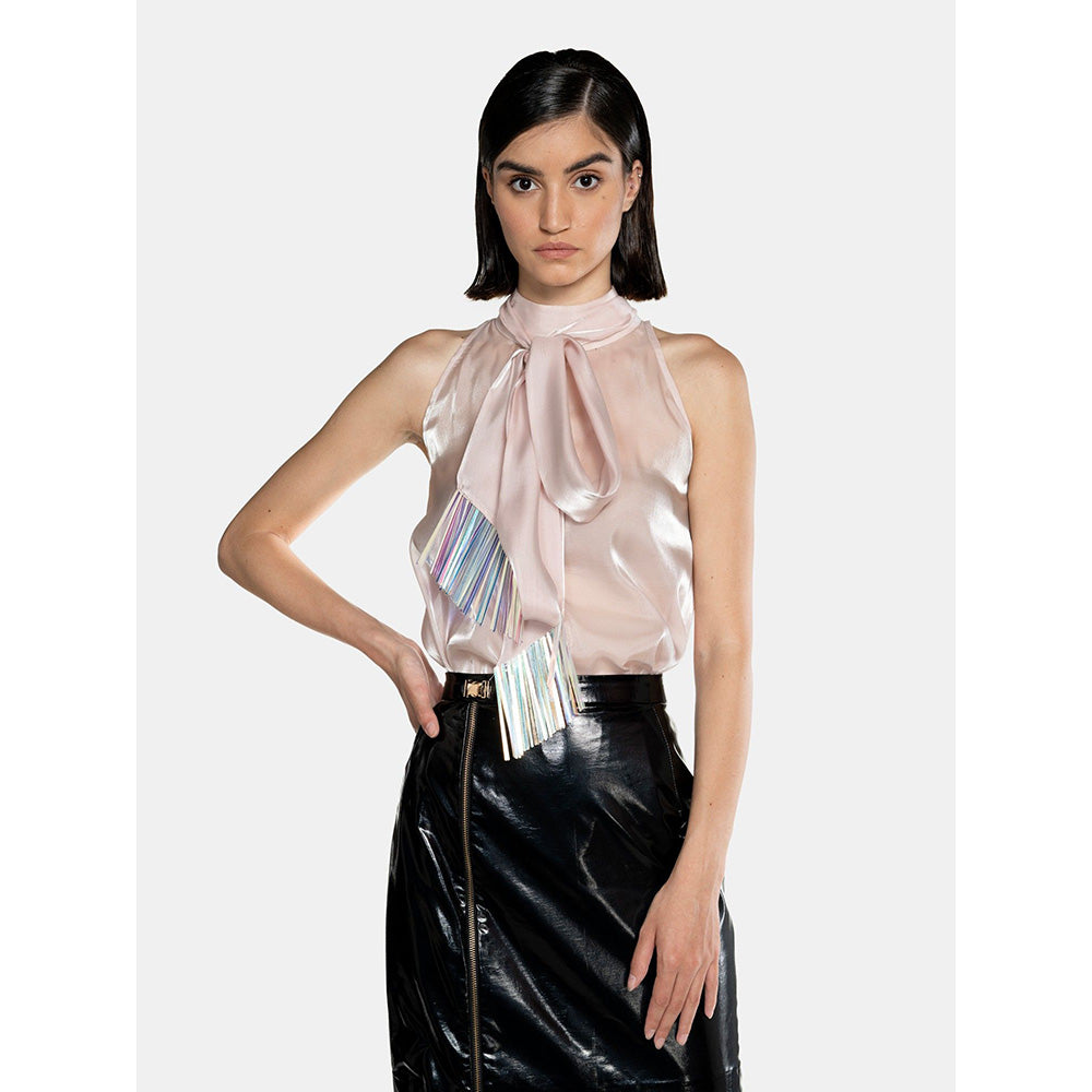 CILVR Women's Pink Fluid Organza Fringe Crop Top