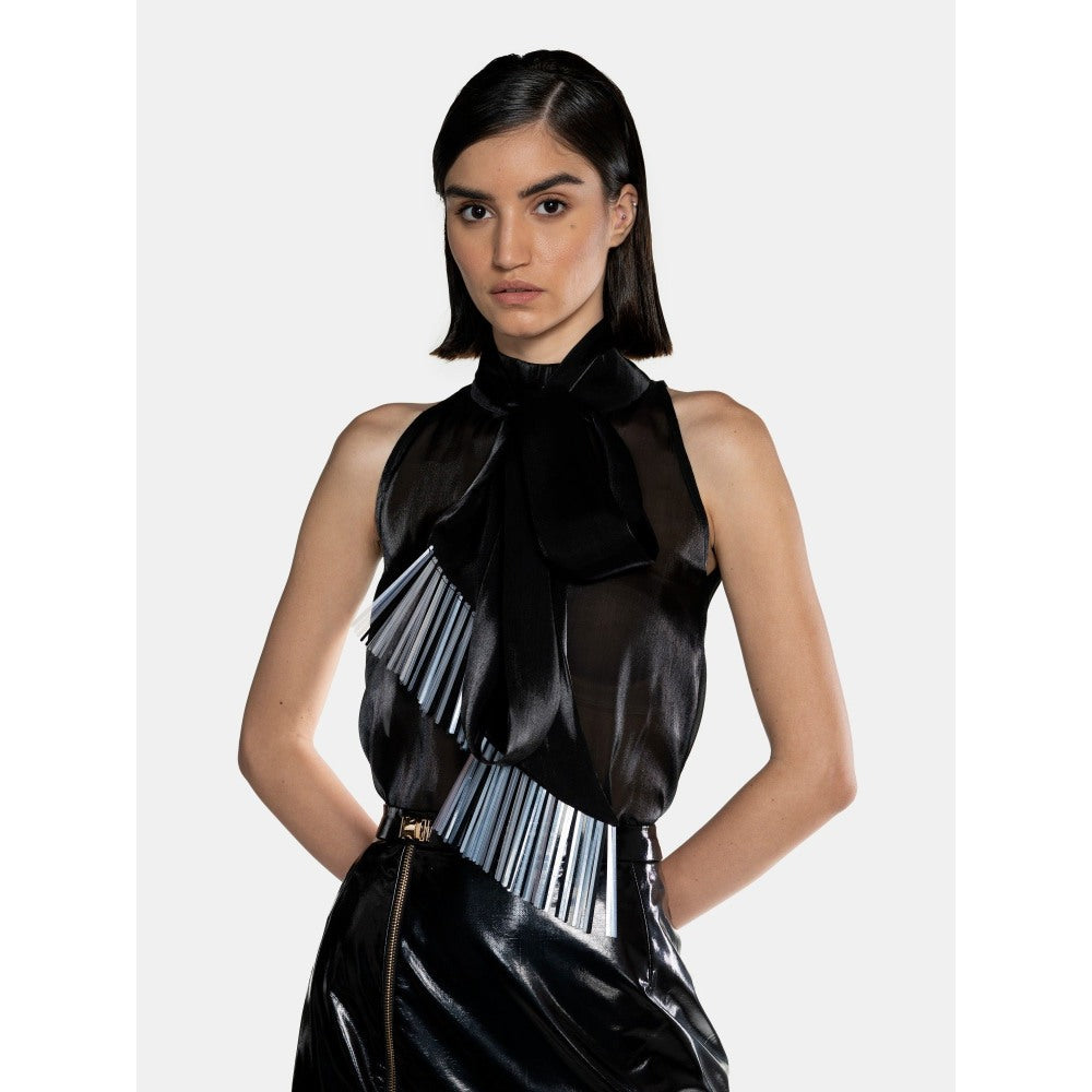 CILVR Women's Black Fluid Organza Fringe Crop Top