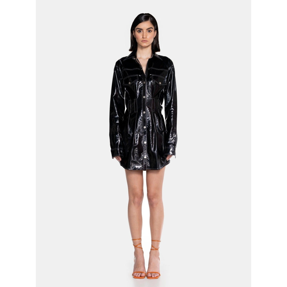 CILVR Women's Black Liquid Leather Shirt Style Dress