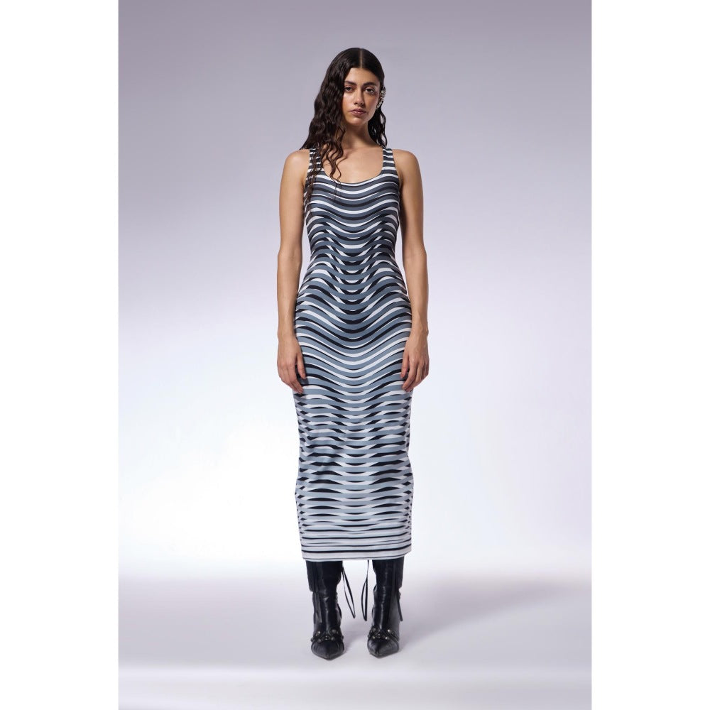 CILVR Optic Grey Midi Trompe O'Neil Print Dress